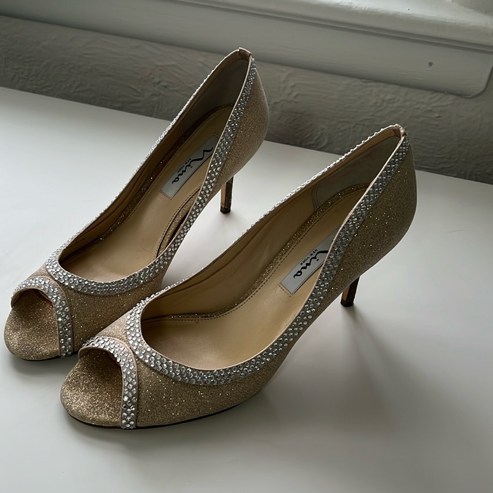 Gold open-toe slim-heel pumps